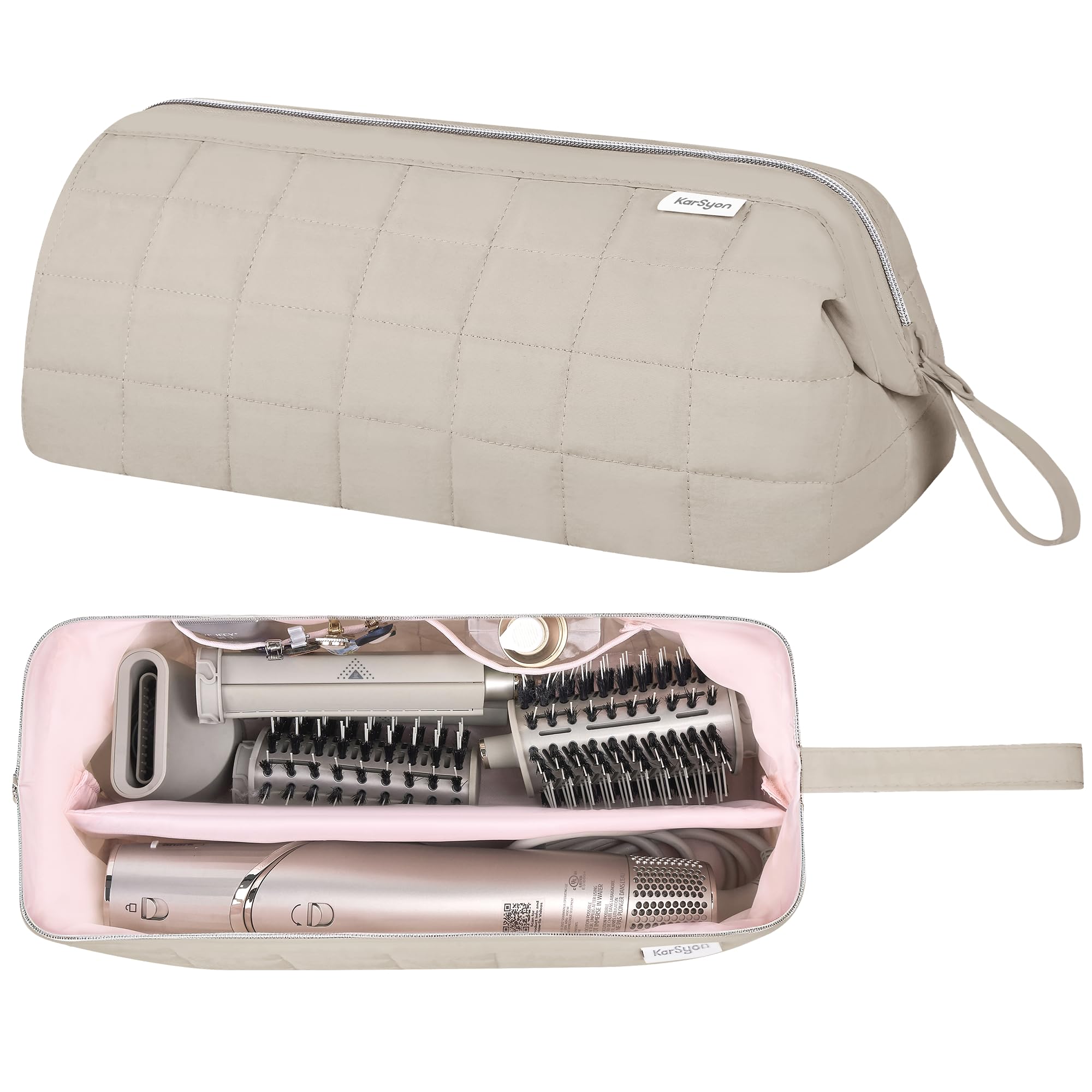 KarSyon travel bag camel front view highlights spacious interior for Dyson Airwrap and accessories.