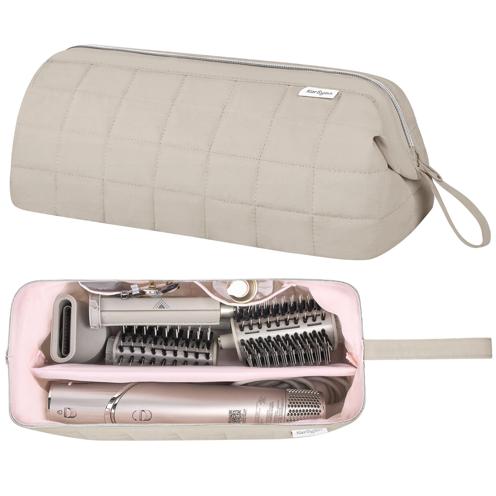 KarSyon travel bag camel front view highlights spacious interior for Dyson Airwrap and accessories.
