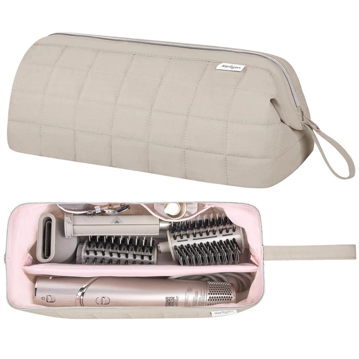 KarSyon travel bag camel front view highlights spacious interior for Dyson Airwrap and accessories.