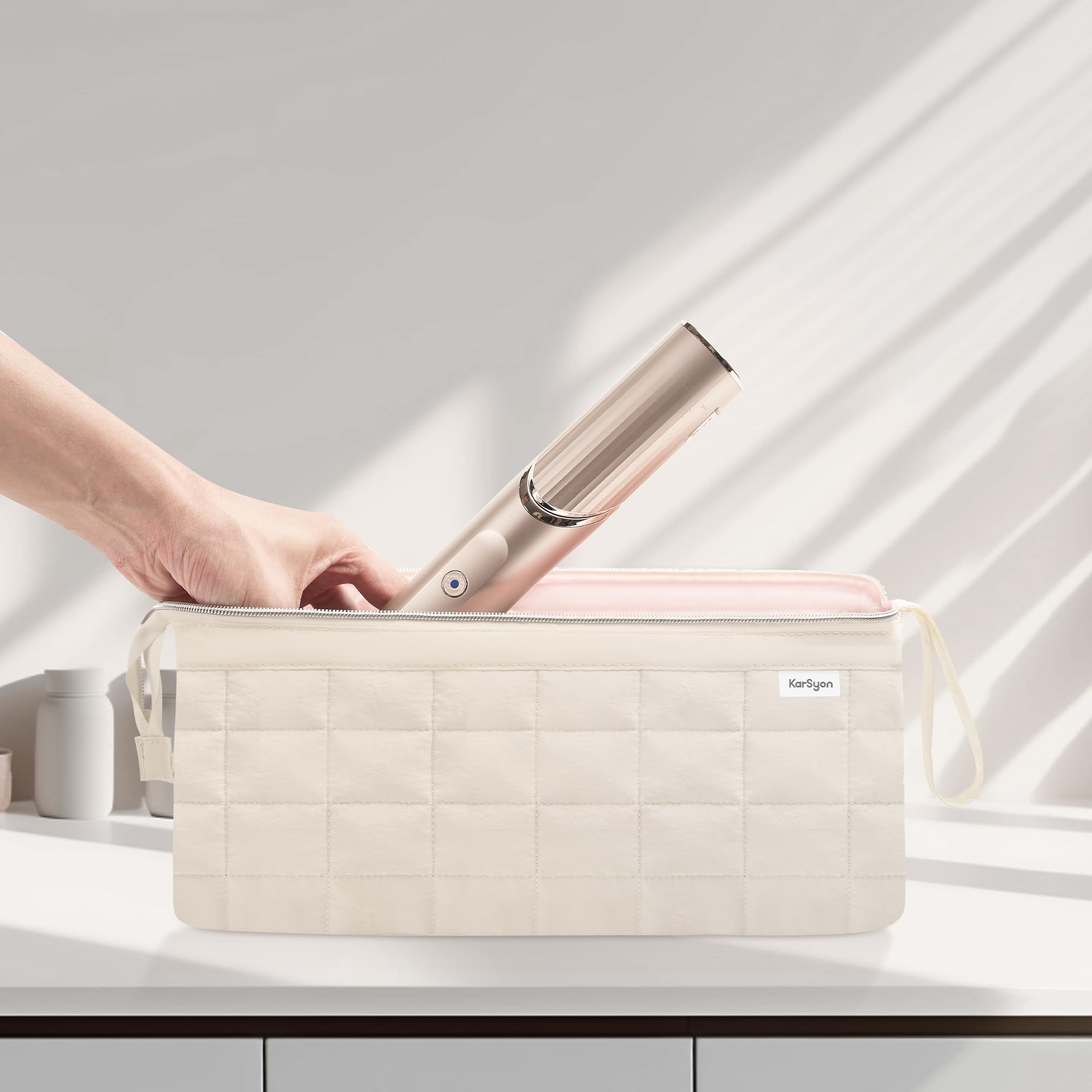 KarSyon Dyson Airwrap fit view shows secure compartment for attachments and organized tools