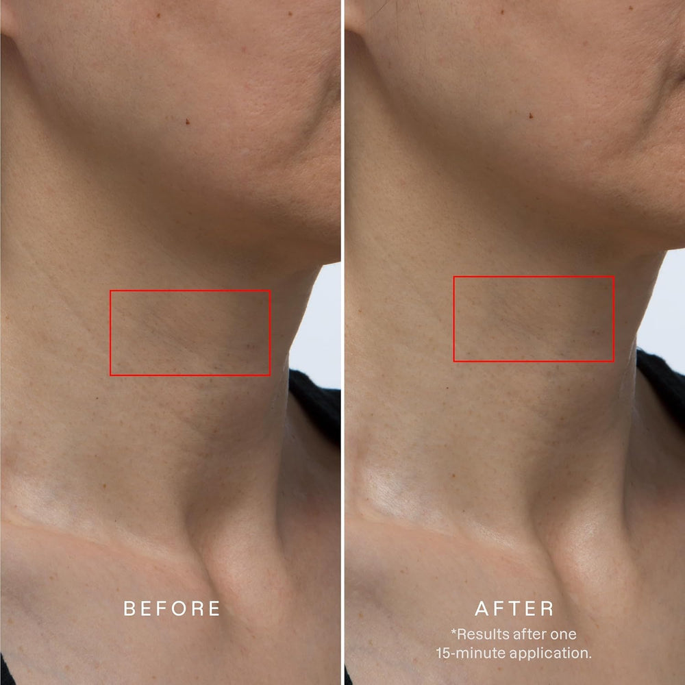 Karuna collagen neck chest hydrogel mask texture closeup shows silky jelly feel and moisture.