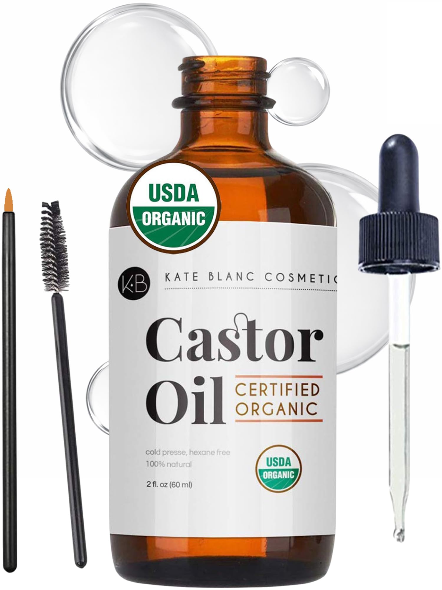 Kate Blanc Cosmetics front bottle view showing organic castor oil and label benefit