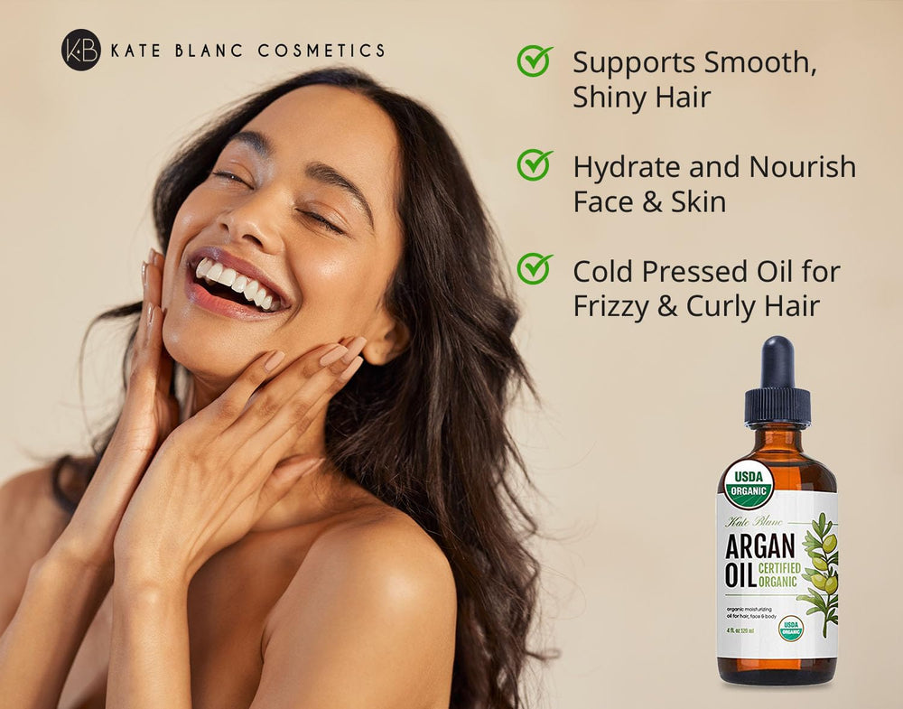 Kate Blanc Cosmetics argan oil dropper pouring for nourishment