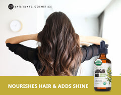 Kate Blanc Cosmetics argan oil hair application close-up for frizz control