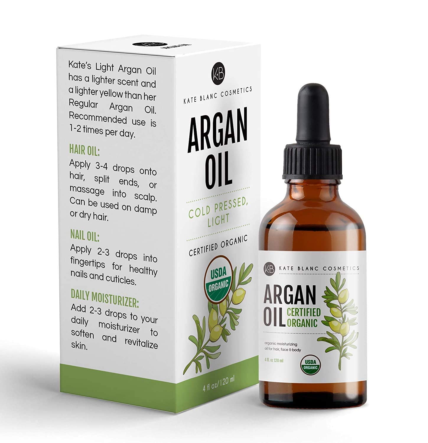Kate Blanc Cosmetics argan oil light variant bottle emphasizing milder scent