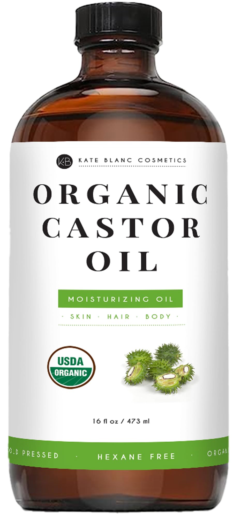 Kate Blanc Cosmetics Castor Oil 16oz glass bottle for nourishing lashes.