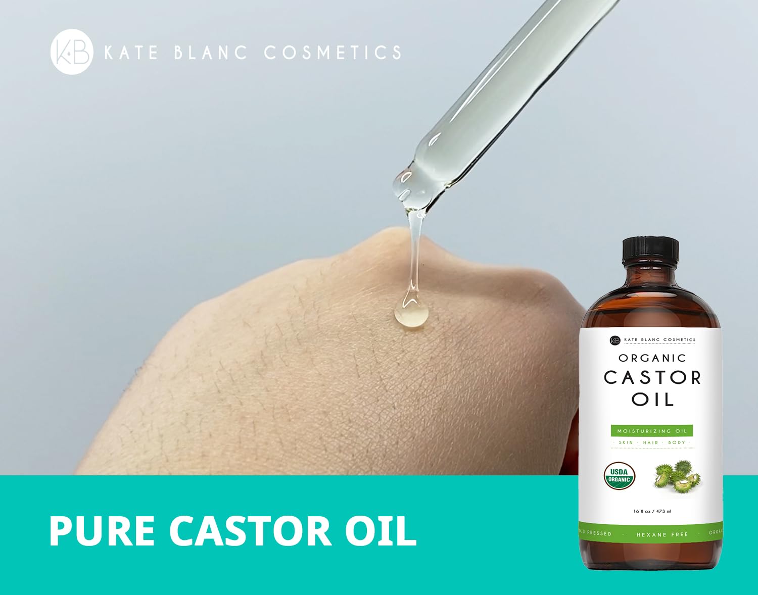 Kate Blanc Cosmetics Castor Oil on eyelashes highlights fullness and conditioning.