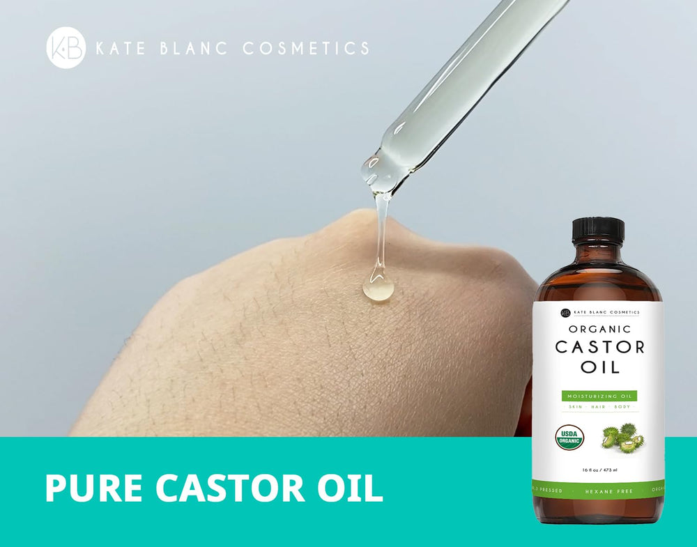 Kate Blanc Cosmetics Castor Oil on eyelashes highlights fullness and conditioning.