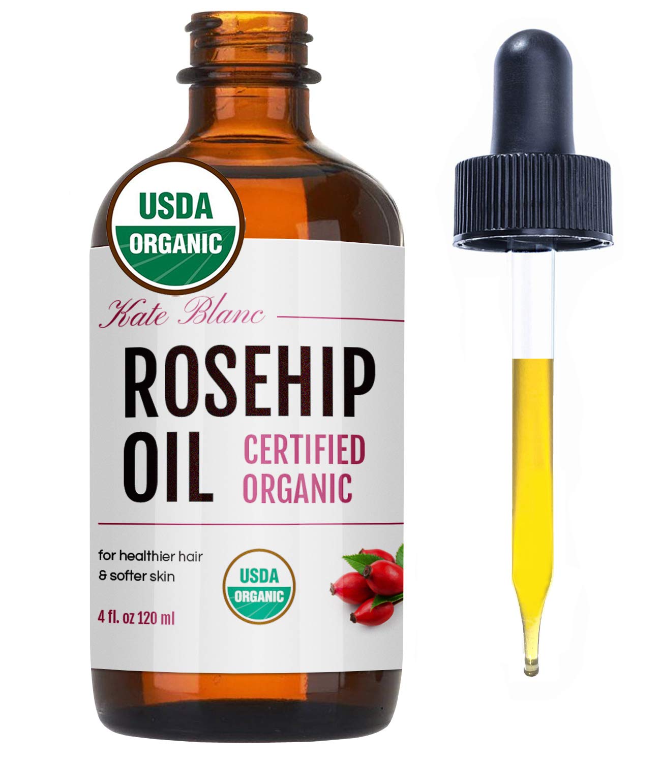 Kate Blanc Cosmetics rosehip oil bottle closeup showing branding for daily hydration