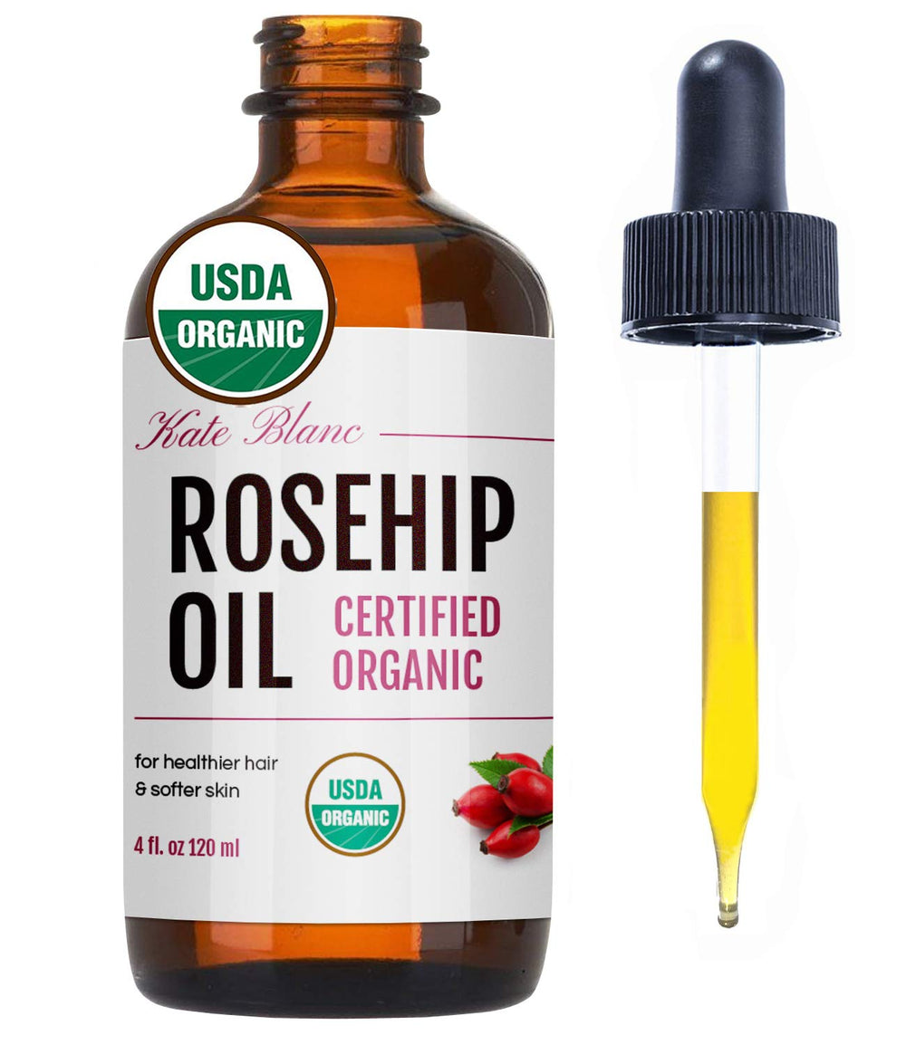 Kate Blanc Cosmetics rosehip oil bottle closeup showing branding for daily hydration