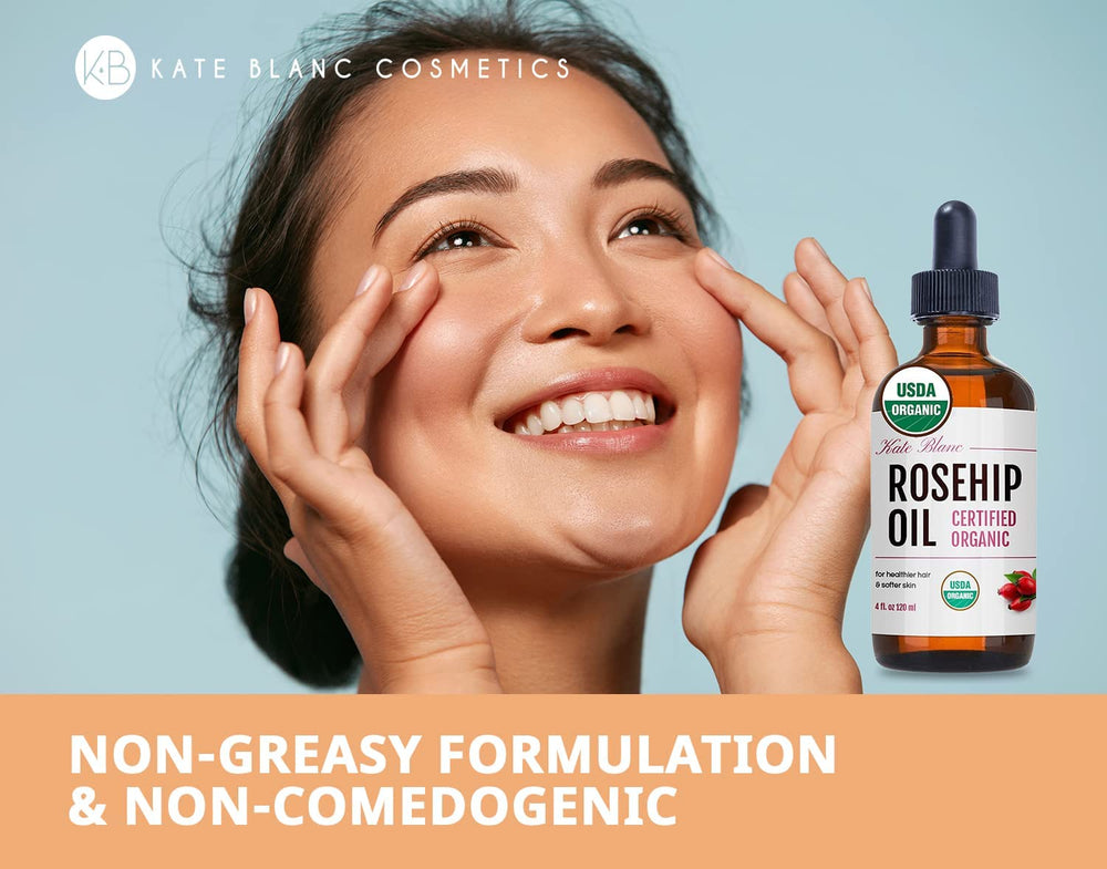 Kate Blanc Cosmetics rosehip oil face application showing smooth glide for lightweight moisturization
