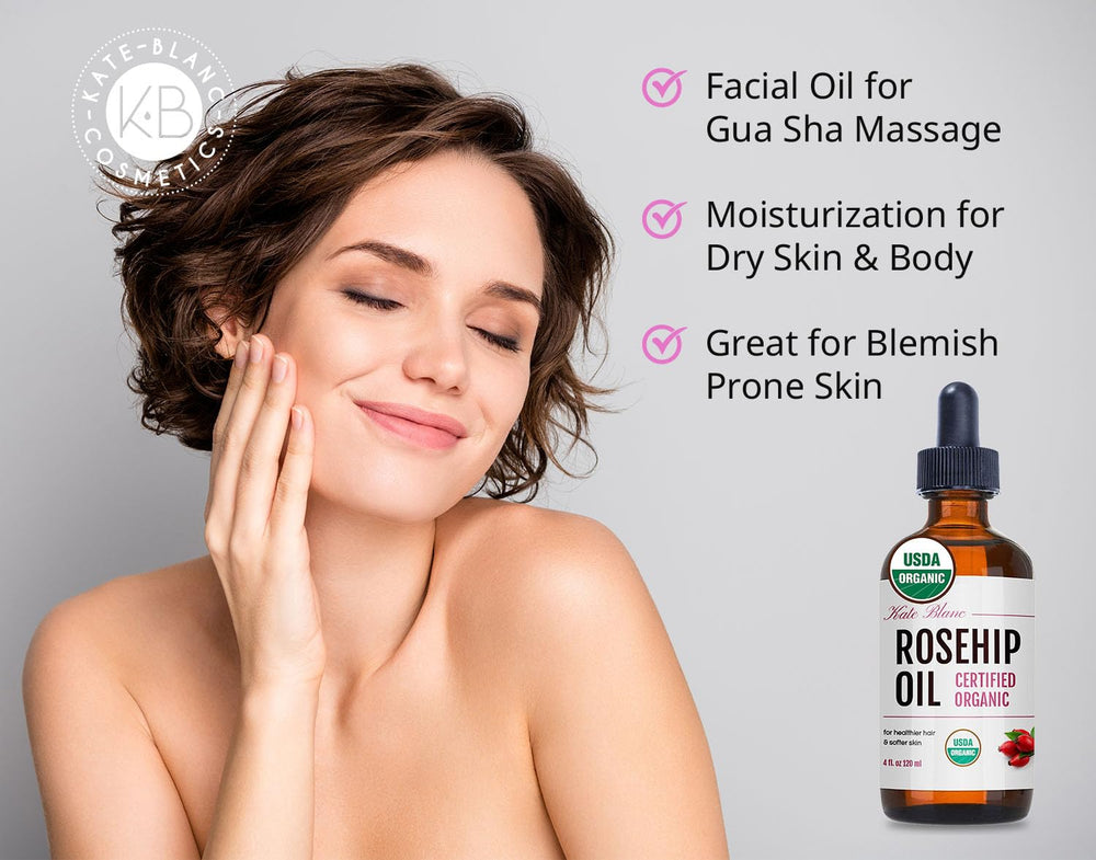 Kate Blanc Rosehip Oil absorption closeup highlights quick, non-greasy hydration.