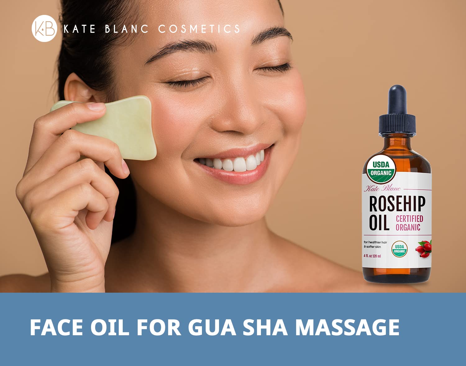 Kate Blanc Rosehip Oil gua sha massage ready shows smooth glide for facial tools.