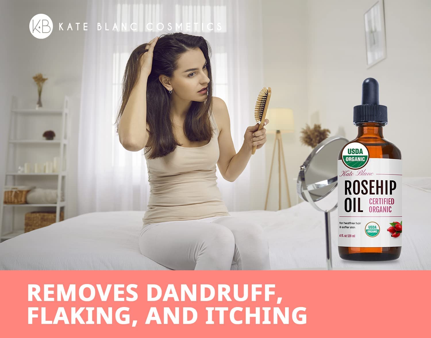 Kate Blanc Rosehip Oil natural ingredients emphasize nourishing skincare routine.