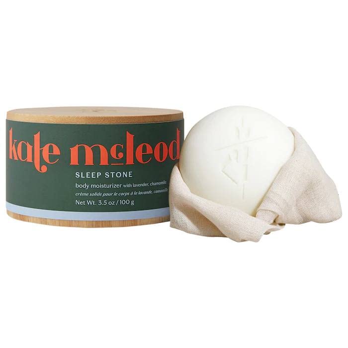 Kate McLeod Sleep Stone solid moisturizer starter kit product shot highlights silky glide and calming lavender aroma