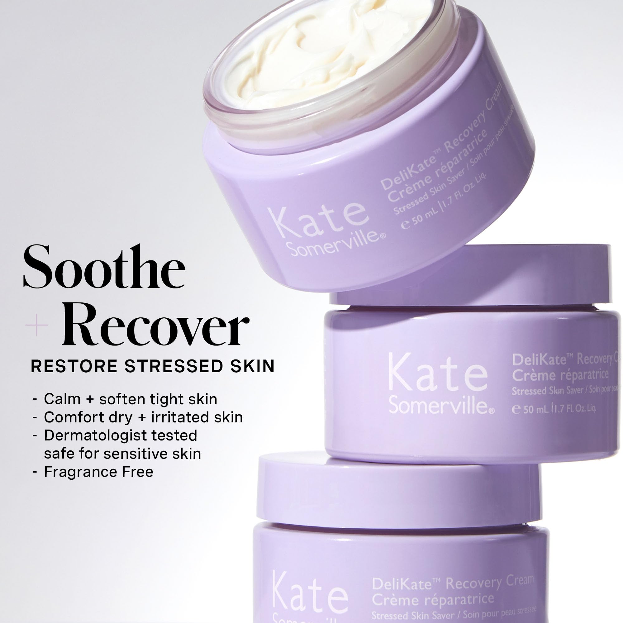 Kate Somerville DeliKate Recovery Cream for face application indicates quick absorption and relief