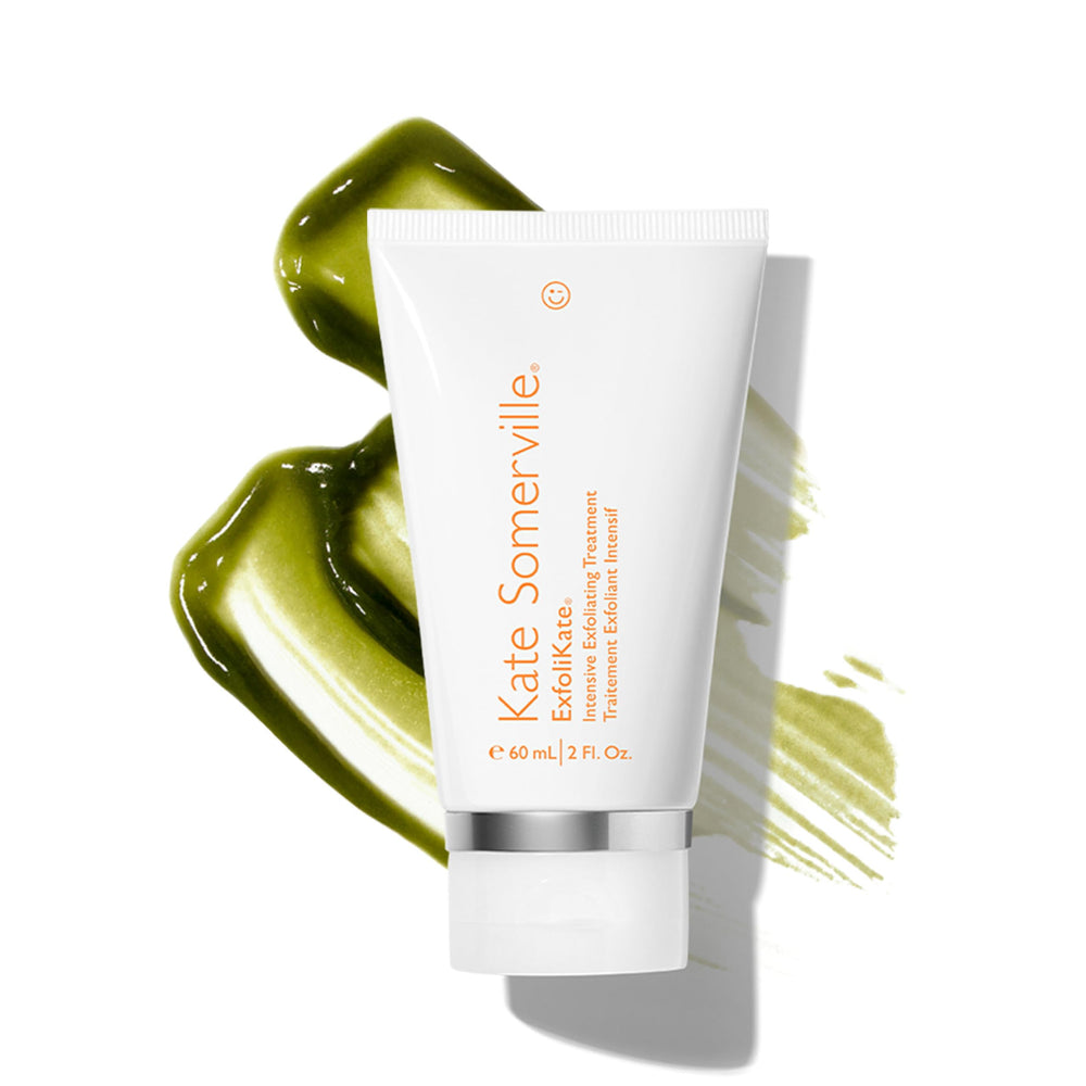 Kate Somerville Exfolikate jar closeup showing creamy-textured scrub for radiant skin.