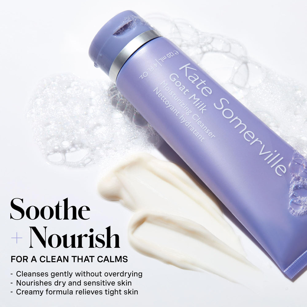 Applying Kate Somerville Goat Milk Moisturizing Cleanser to the face in a gentle massage.