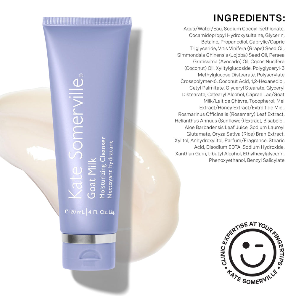Morning routine with Kate Somerville Goat Milk Moisturizing Cleanser for a gentle cleanse.