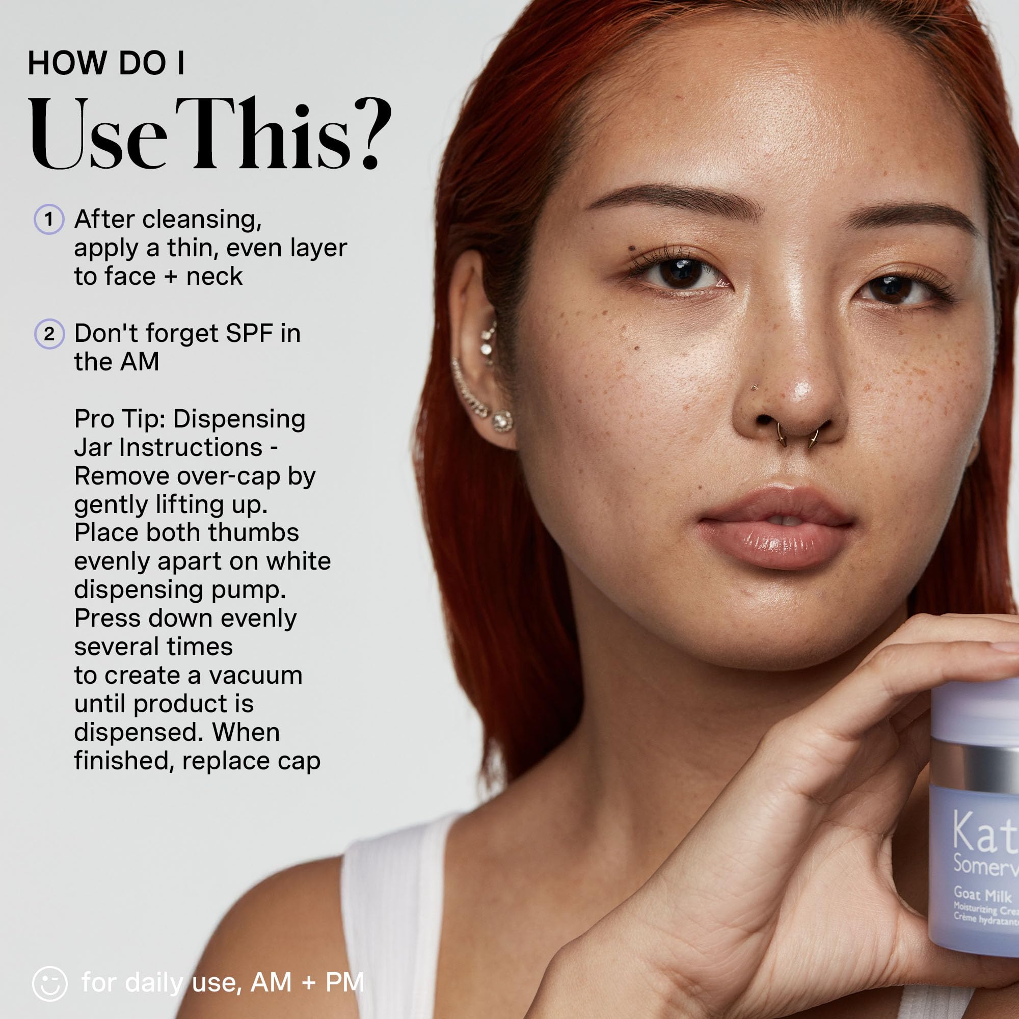 Kate Somerville Goat Milk Moisturizing Cream application on cheeks demonstrates gentle daily skincare routine.