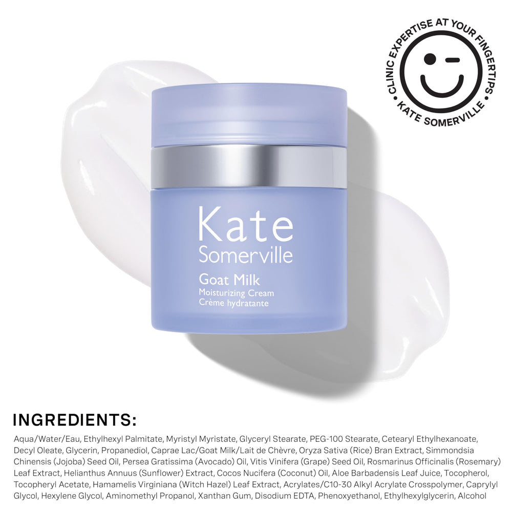 Kate Somerville Goat Milk Moisturizing Cream morning routine on clean skin for dewy glow.