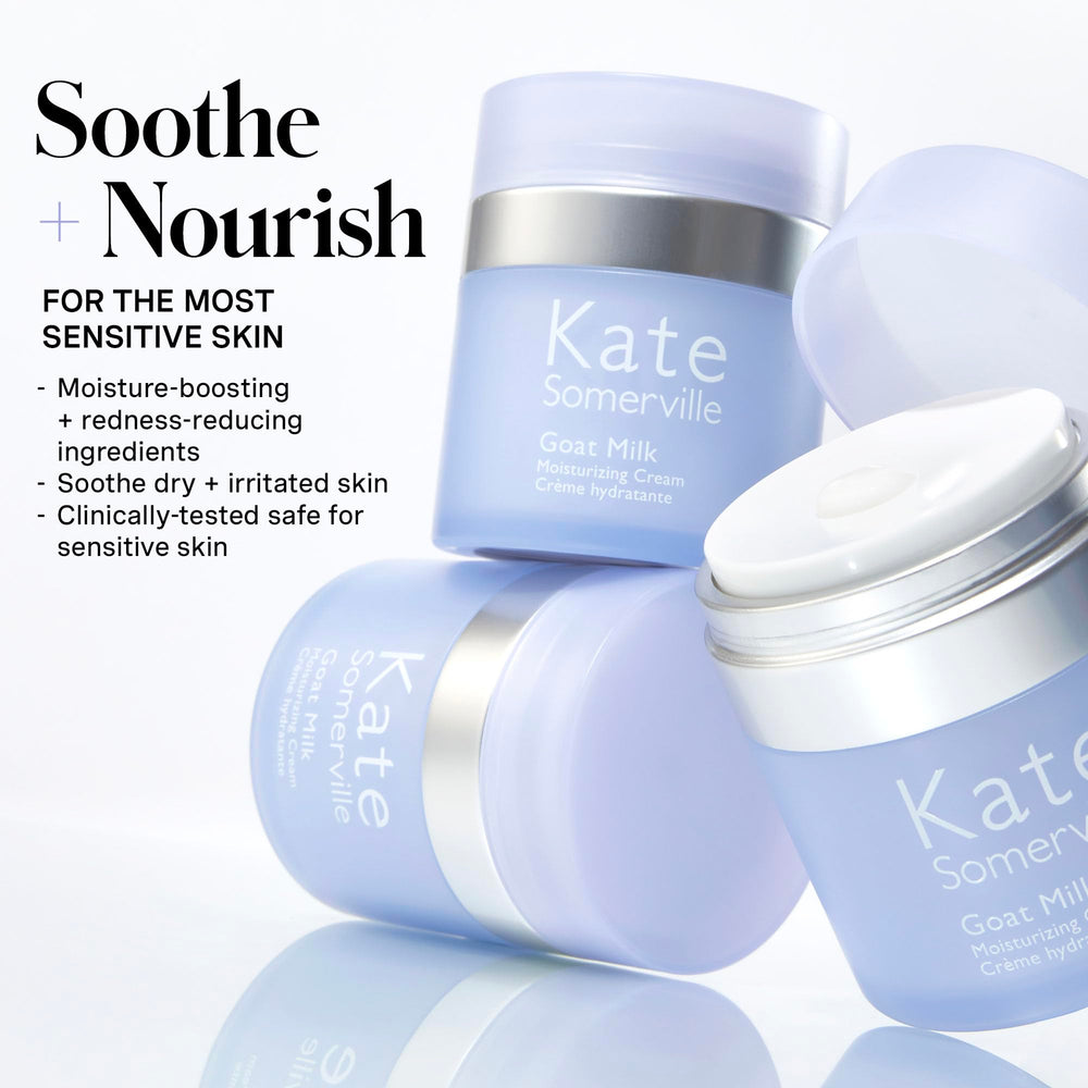 Kate Somerville Goat Milk Moisturizing Cream fragrance-free label highlights soothing ingredients.