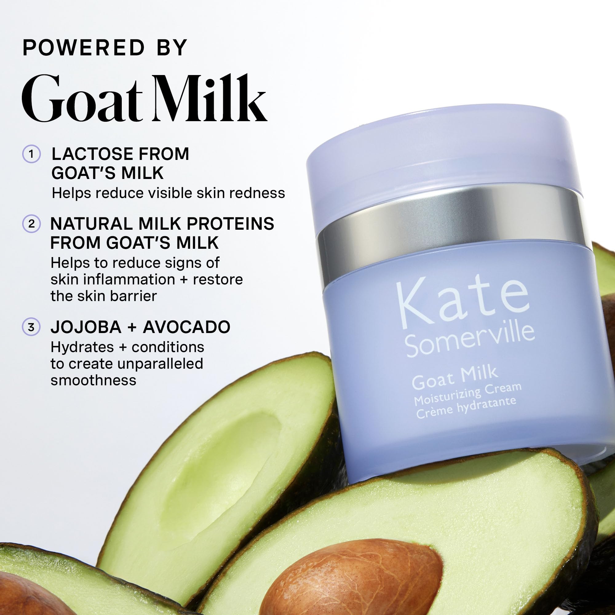Kate Somerville Goat Milk Moisturizing Cream jar texture showing lightweight formula for sensitive skin.
