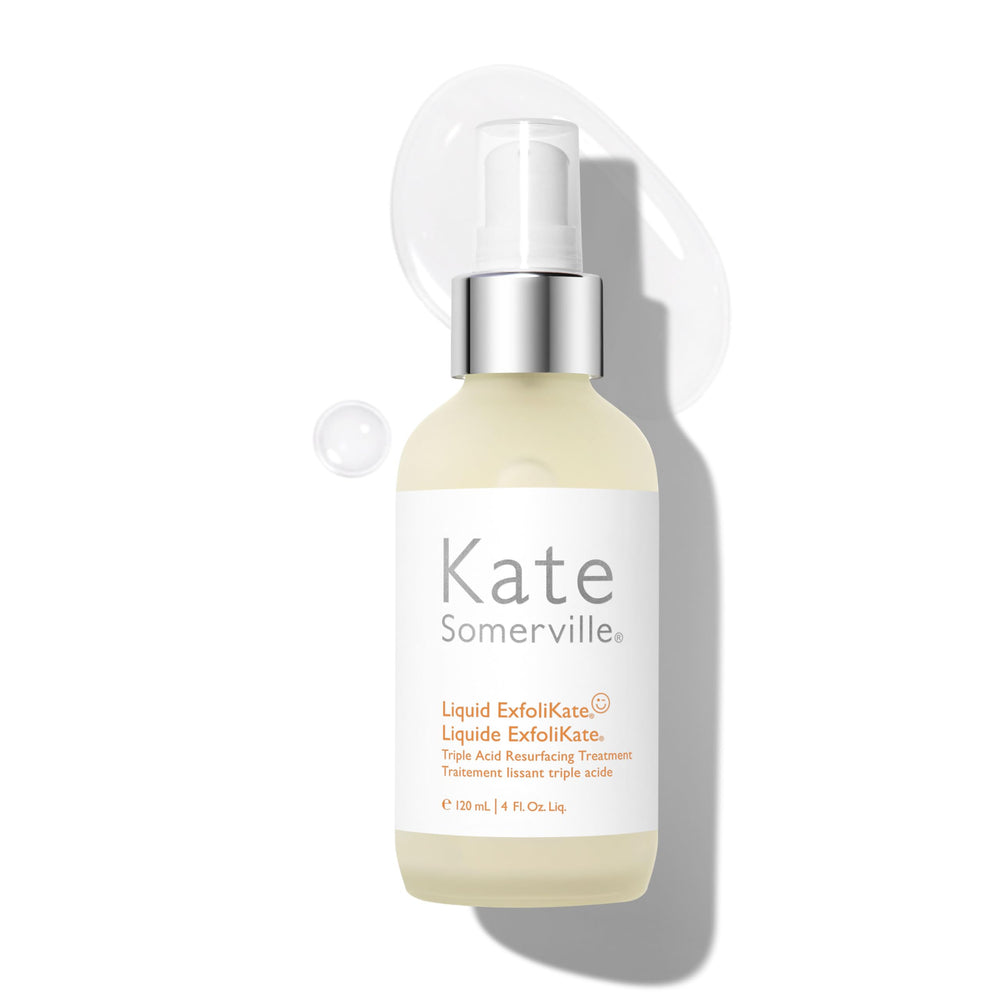 Kate Somerville Liquid ExfoliKate bottle on vanity promoting brighter, smoother skin