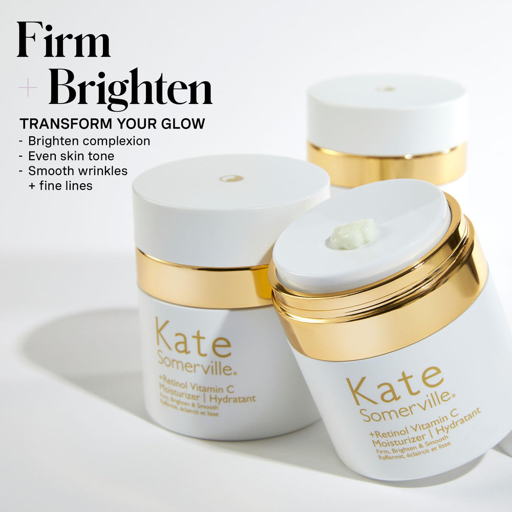 Kate Somerville Retinol Vitamin C Moisturizer cream-swirl highlights brightening and smoothing effects.