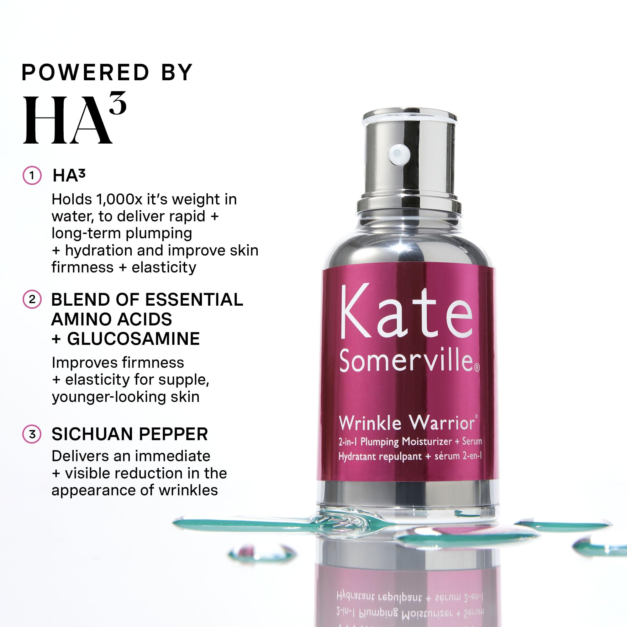 Kate Somerville Wrinkle Warrior serum application demonstrates instant plumping look