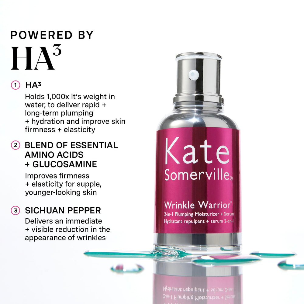 Kate Somerville Wrinkle Warrior serum application demonstrates instant plumping look
