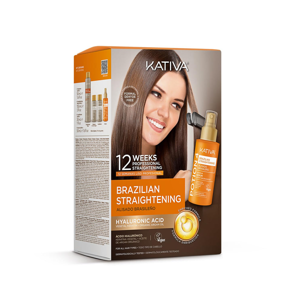 KATIVA Brazilian Keratin Kit box front image shows at-home salon-grade frizz control option.
