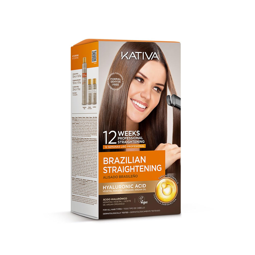 KATIVA Brazilian Keratin Treatment Kit packaging shows clean, vegan formula for home salon results.