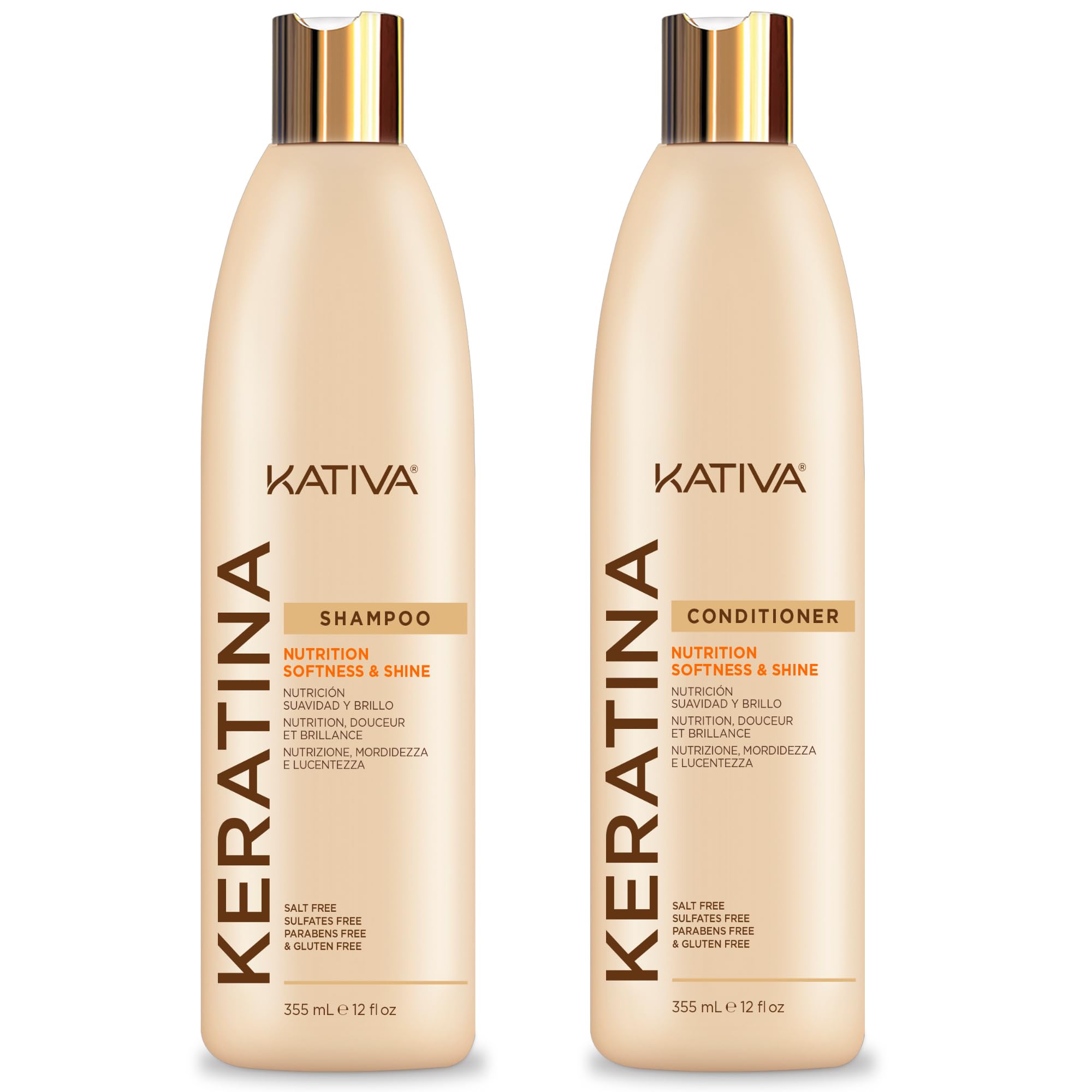 KATIVA Keratin Pack shampoo and conditioner bottles promote nutrition and shine without sulfates.