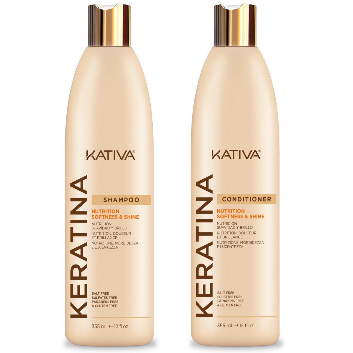 KATIVA Keratin Pack shampoo and conditioner bottles promote nutrition and shine without sulfates.