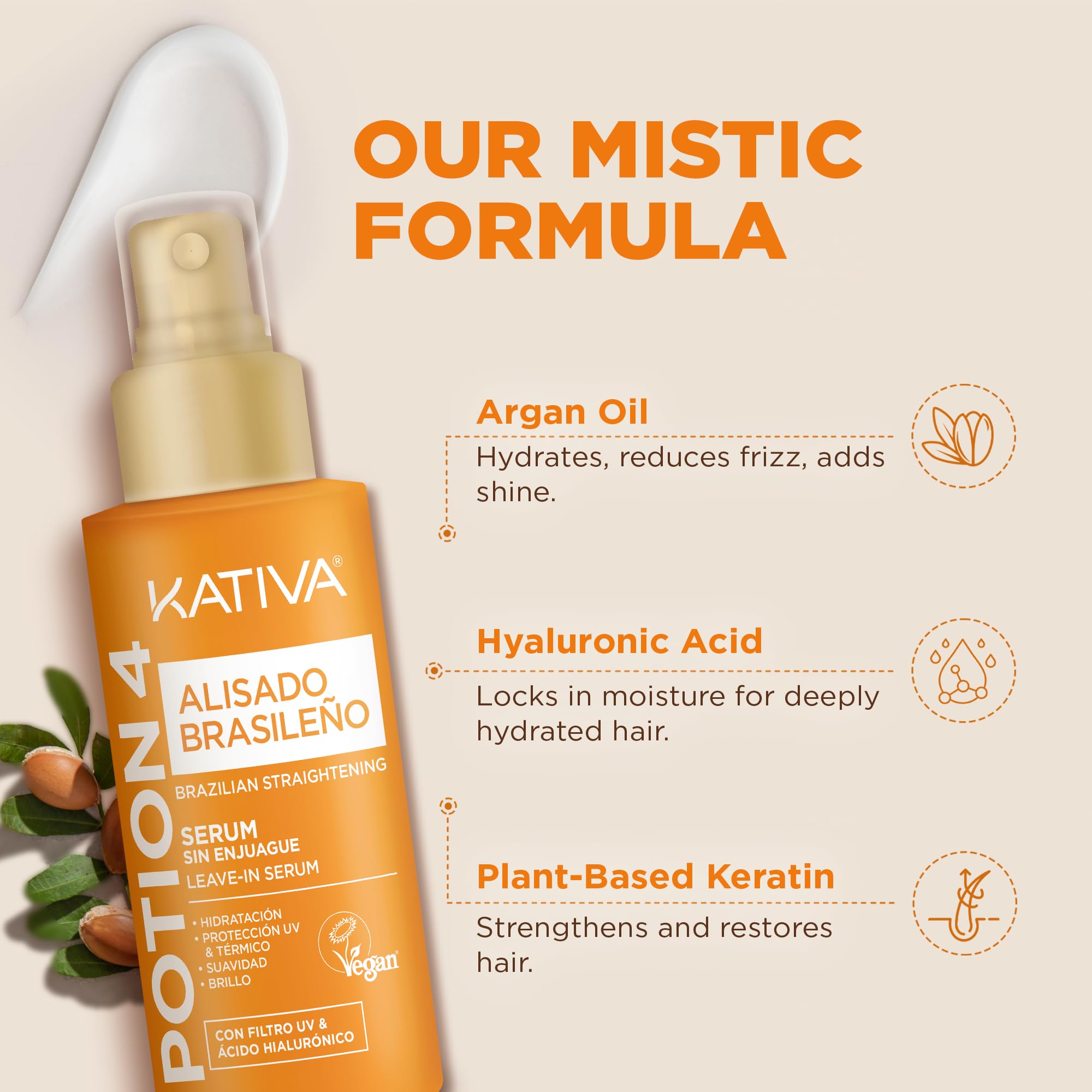 KATIVA Potion 4 serum bottle close-up highlights heat-protective action during blow-drying.
