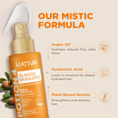 KATIVA Potion 4 serum bottle close-up highlights heat-protective action during blow-drying.