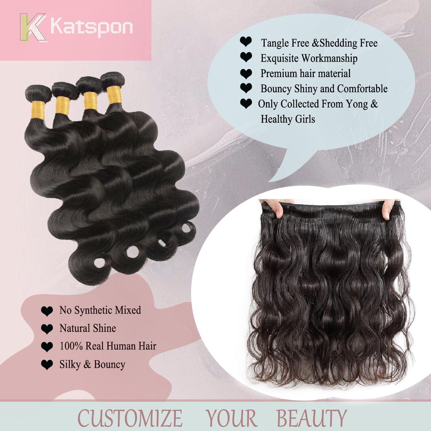 Katspon 12A bundles 22-inch body wave closeup highlighting soft, tangle-free sheen