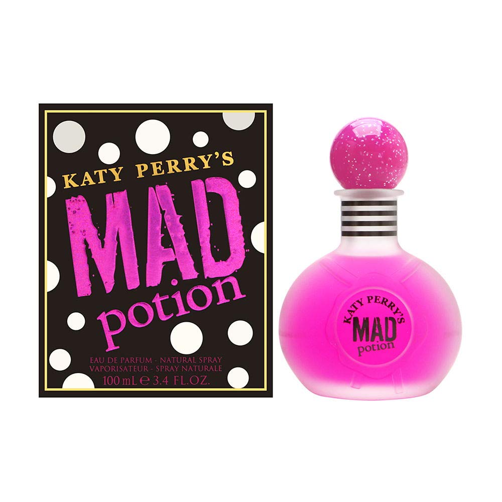 Katy Perry Mad Potion bottle angled, showcasing sleek packaging for evening wear.