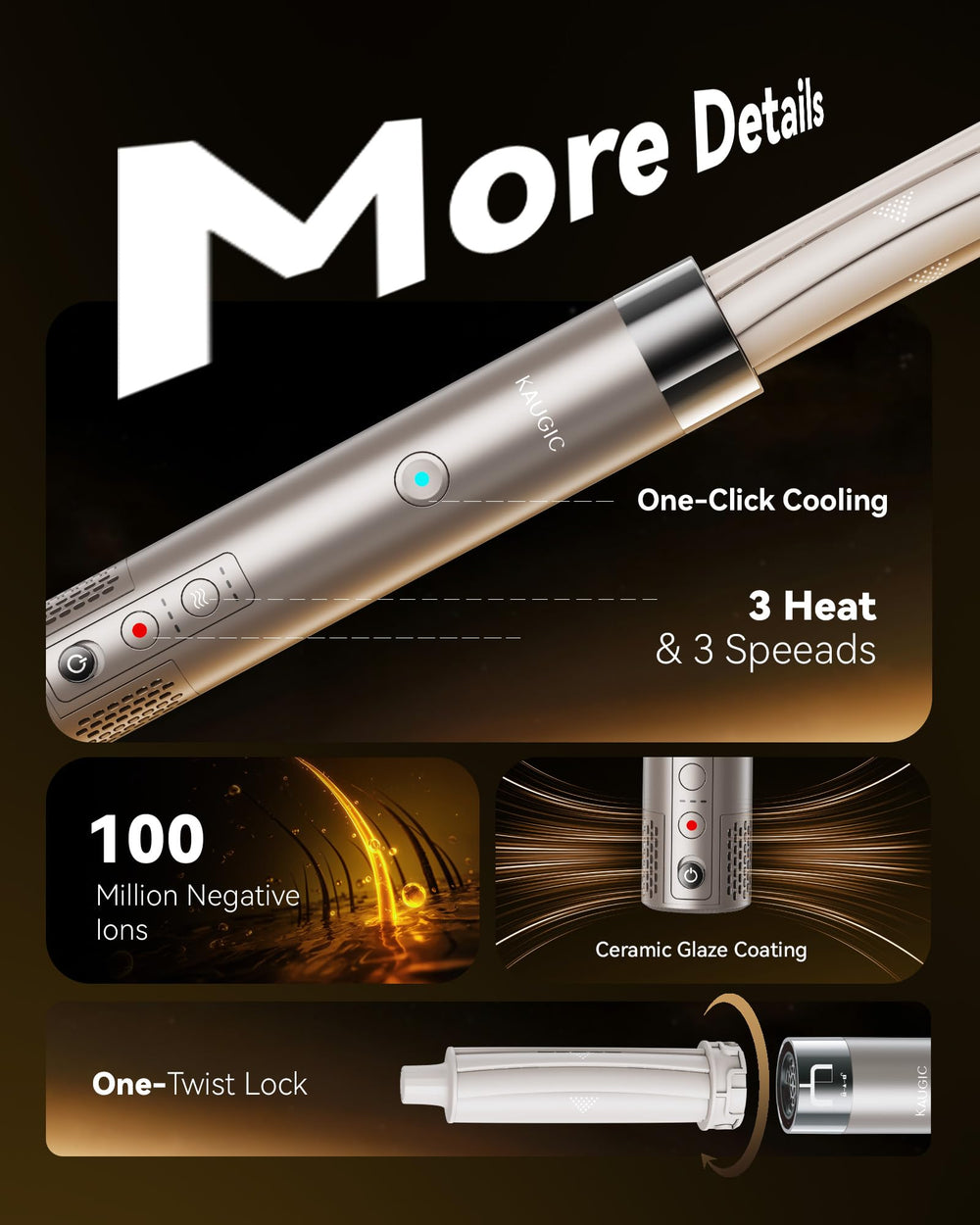 KAUGIC 6-in-1 100 million negative ions fight static for shiny, frizz-controlled results
