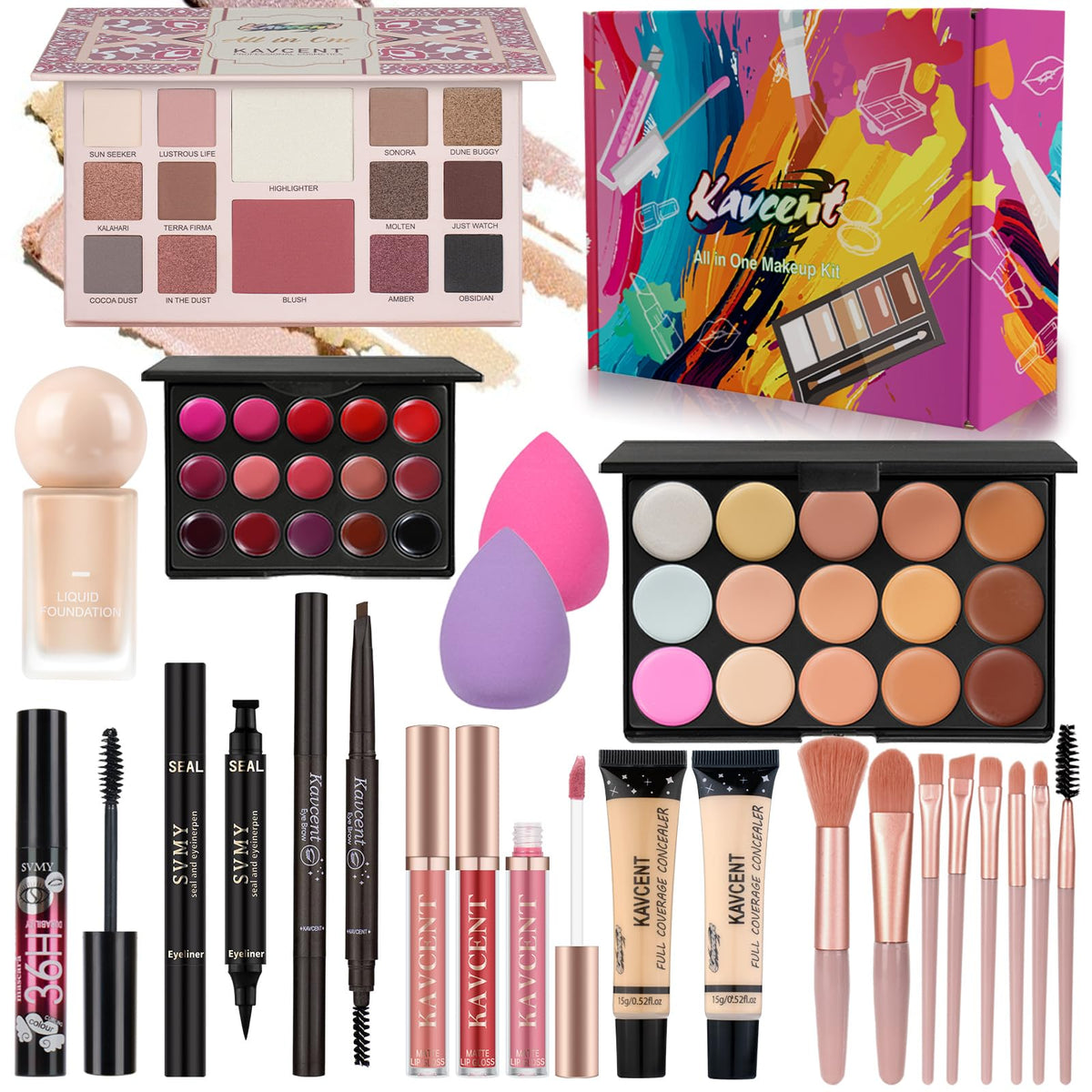 Kavcent all-in-one makeup kit with diverse tones for versatile day-to-night looks.