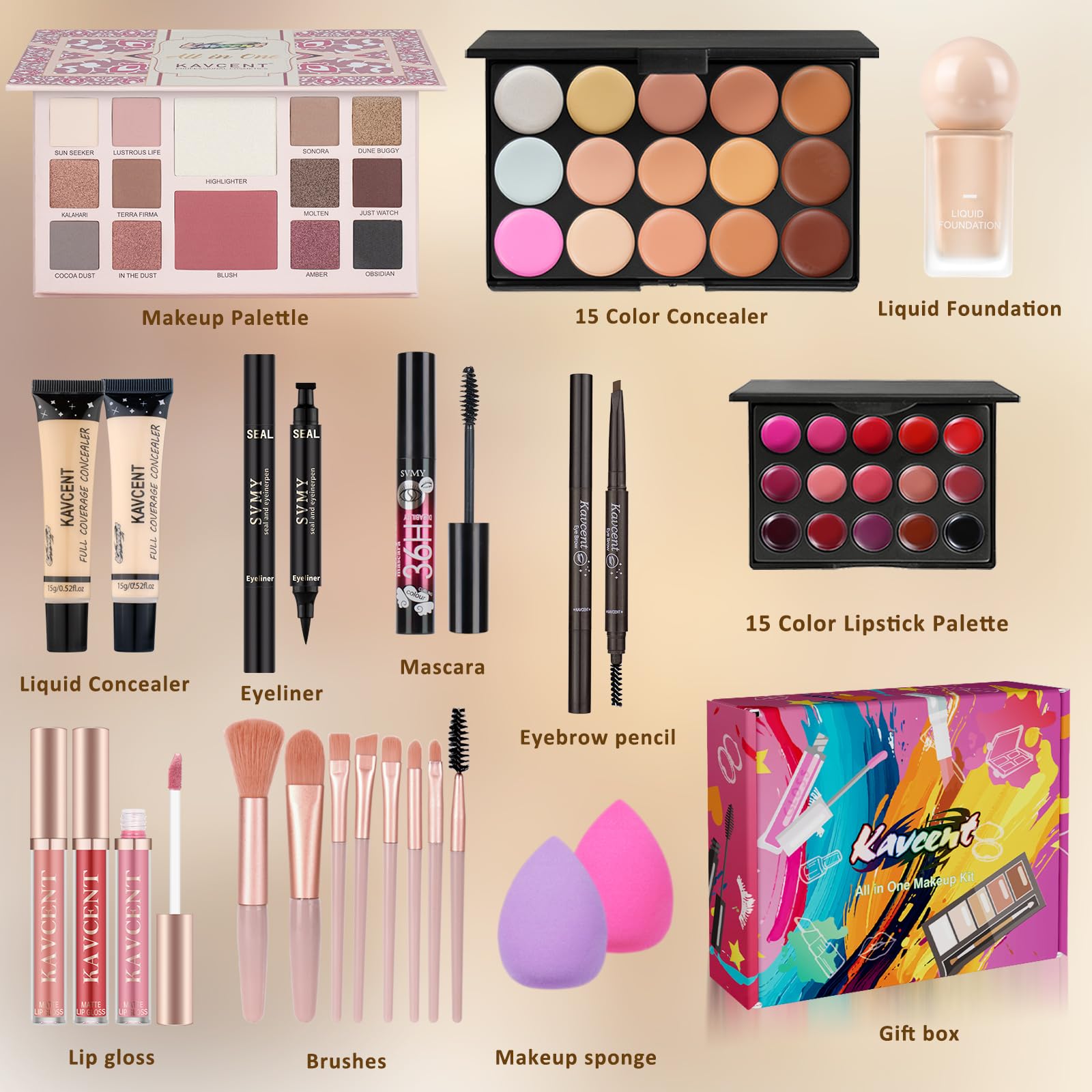 Kavcent eyeshadow palette with matte, shimmer shades for creative eye makeup.