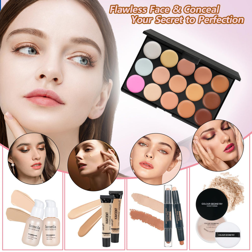 KAVCENT makeup set contour-stick-powder helps sculpt features with a natural-looking finish.