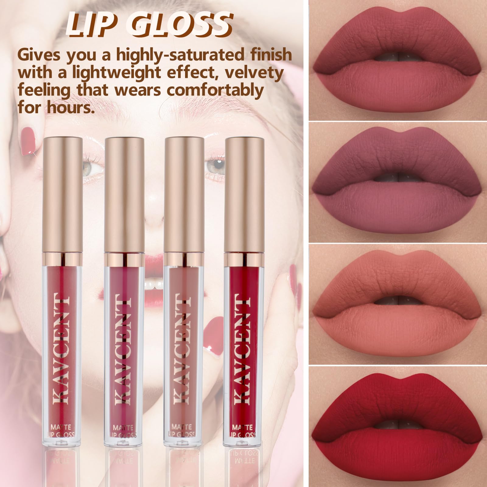 KAVCENT lip gloss adds a glossy finish and helps lips stay hydrated.