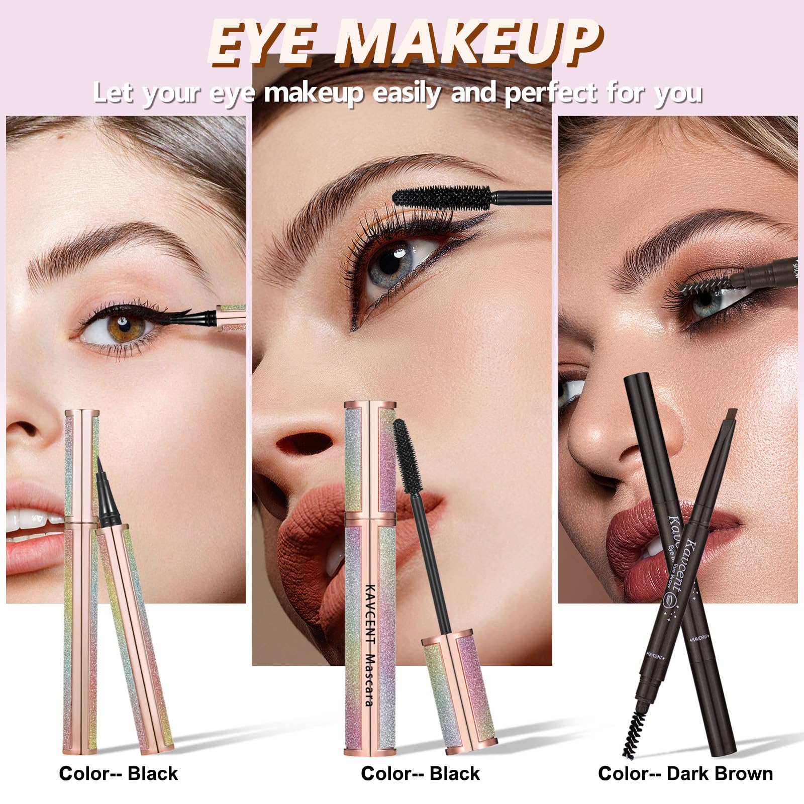 KAVCENT mascara wand adds volume and definition for curled, long-lasting lashes.