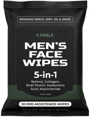 Kawala Men’s Face Wipes pack front in resealable pouch for on-the-go cleansing.