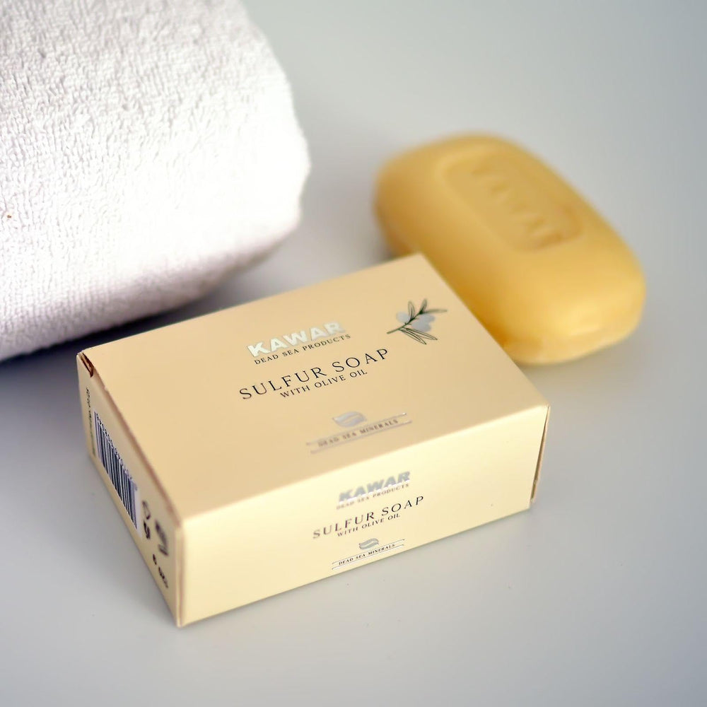 Kawar Dead Sea Sulfur Soap packaging shows eco-conscious 4.2 oz bar