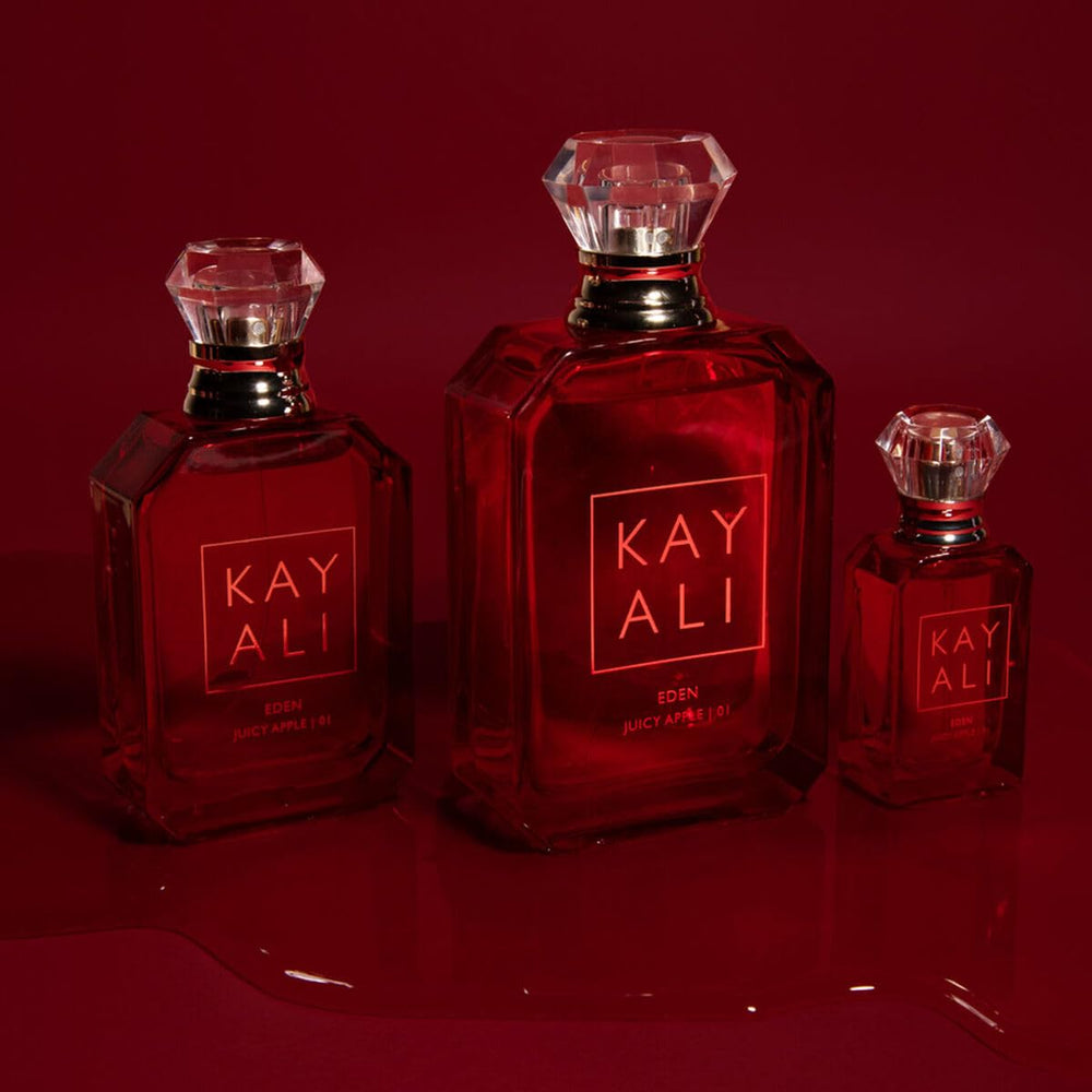 Kayali Eden Juicy Apple color palette conveys playful berry-apple bouquet for joyful moments.