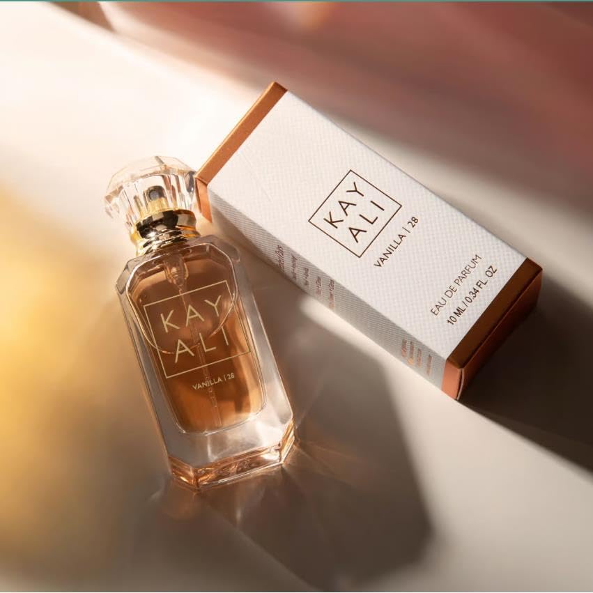 Kayali Vanilla 28 amber-wood base shows warm depth for evening wear