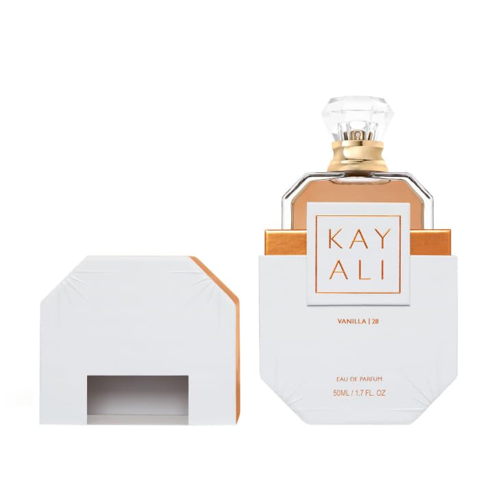 Kayali Vanilla 28 label detail emphasizes authentic branding and quality.